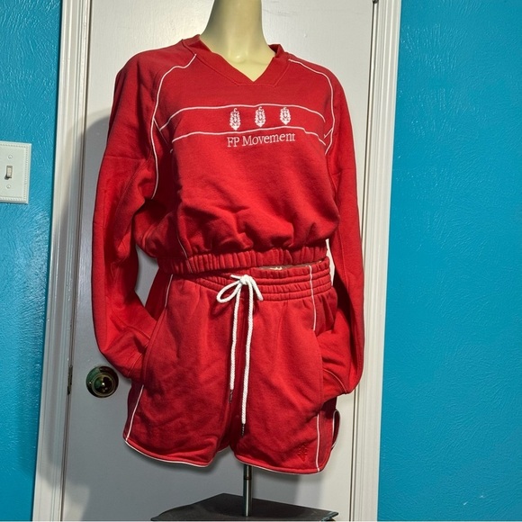 Free People Tops - FREE PEOPLE FP Movement Seeing Double Red Sweatshirt and Shorts Set Medium NWT